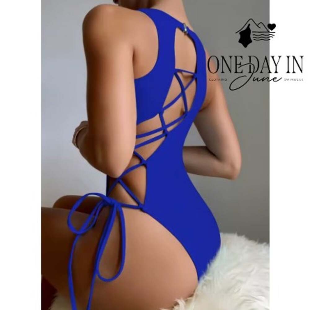 Adisputent Lace Up Back One Piece Swimsuit Royal Blue Size M